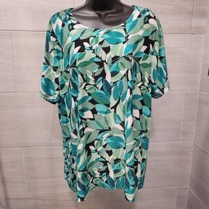 JM Collection Green Black And Blue Leaf Print Top